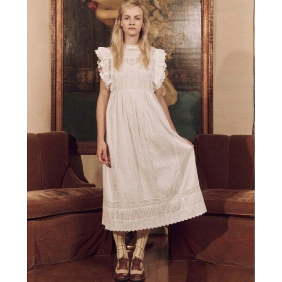 The Great. Trellis Midi Dress Ruffle Eyelet Embroidered Lace Cotton S-1 279877